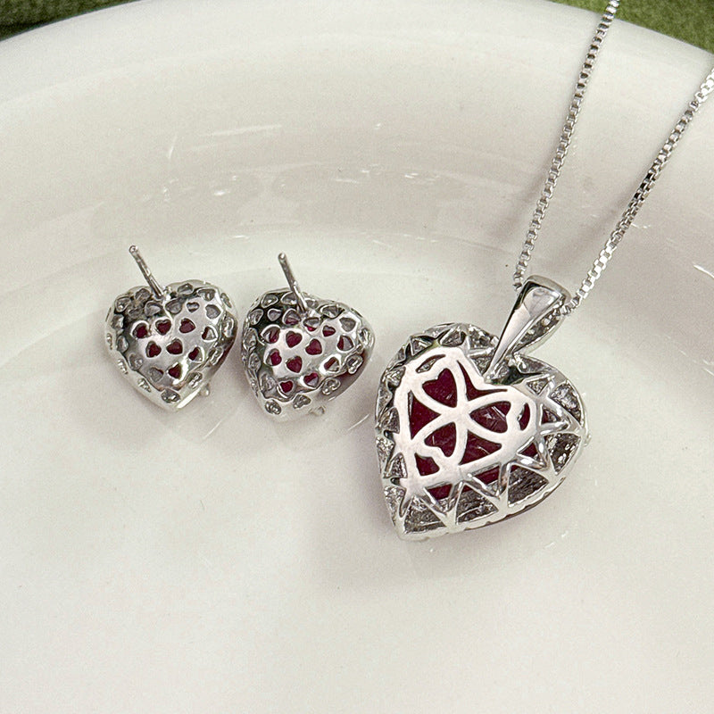 Women’s Romantic Heart-Cut Cubic Zirconia Pendant Necklace & Earrings Set with Halo Detail