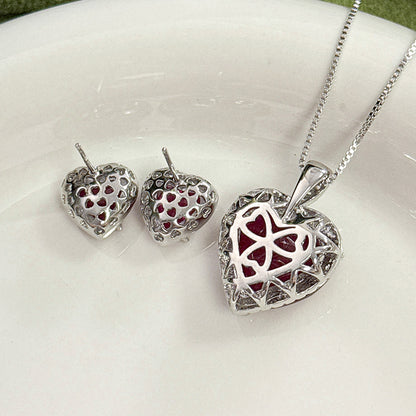 Women’s Romantic Heart-Cut Cubic Zirconia Pendant Necklace & Earrings Set with Halo Detail