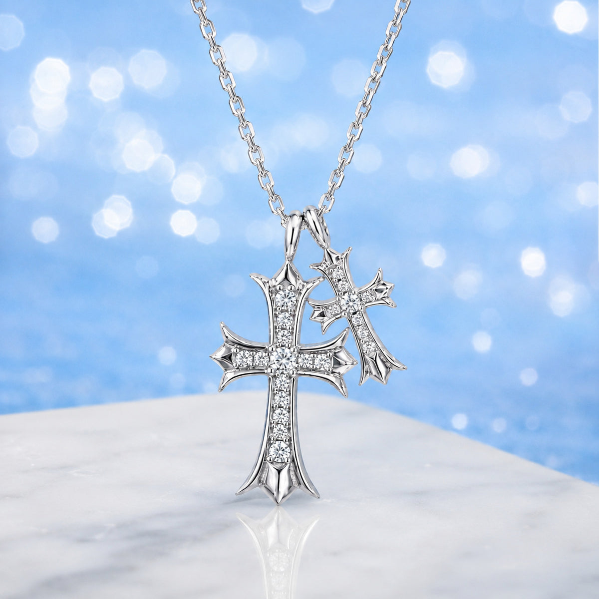 Women’s S925 Sterling Silver Moissanite Double Cross Pendant Necklace with Pave Crystal Detail