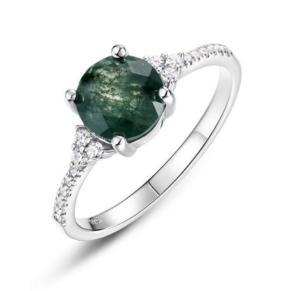 925 Sterling Silver Natural Moss Agate Ring with Sparkling Side Accents