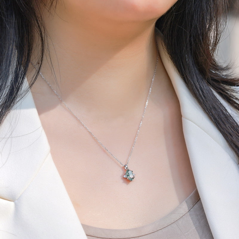 925 Sterling Silver Natural Moss Agate Jewelry Set with Hexagon Pendant, Ring and Stud Earrings