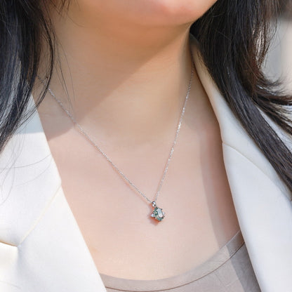 925 Sterling Silver Natural Moss Agate Jewelry Set with Hexagon Pendant, Ring and Stud Earrings