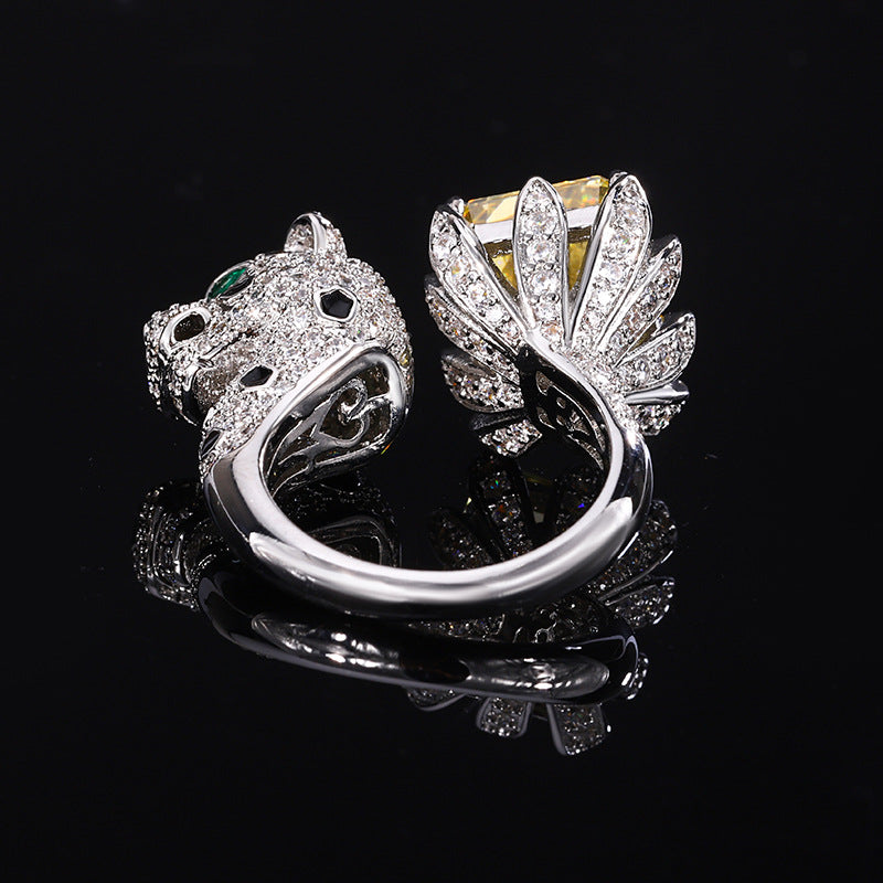 Women’s Luxury Leopard Statement Adjustable Ring with High-Carbon Diamond & Color Gemstone