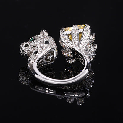 Women’s Luxury Leopard Statement Adjustable Ring with High-Carbon Diamond & Color Gemstone
