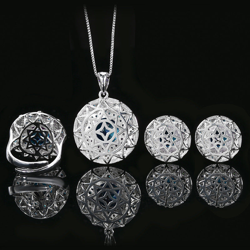 Women’s Luxury Blue Cubic Zirconia Necklace, Earrings & Adjustable Ring Set with Starburst Halo Detail