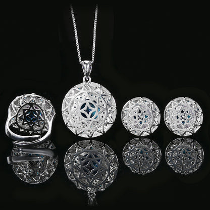 Women’s Luxury Blue Cubic Zirconia Necklace, Earrings & Adjustable Ring Set with Starburst Halo Detail