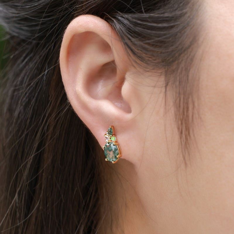 10K Gold-Plated 925 Sterling Silver Moss Agate Stud Earrings with Oval Stones and Cluster Accents