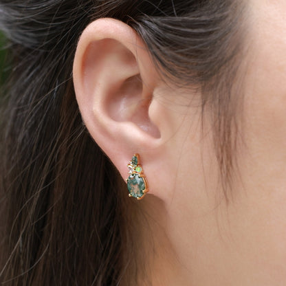 10K Gold-Plated 925 Sterling Silver Moss Agate Stud Earrings with Oval Stones and Cluster Accents