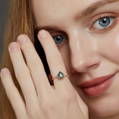 925 Sterling Silver Natural Moss Agate Ring with Sparkling Side Accents