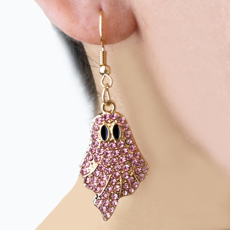 Women’s Halloween Pumpkin and Ghost Drop Earrings with Colorful Rhinestones