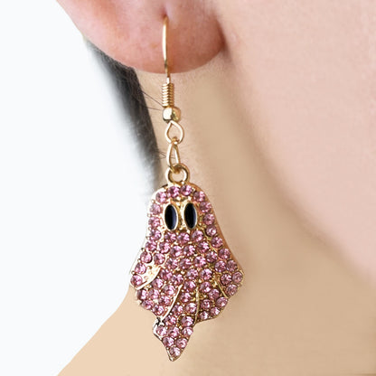 Women’s Halloween Pumpkin and Ghost Drop Earrings with Colorful Rhinestones