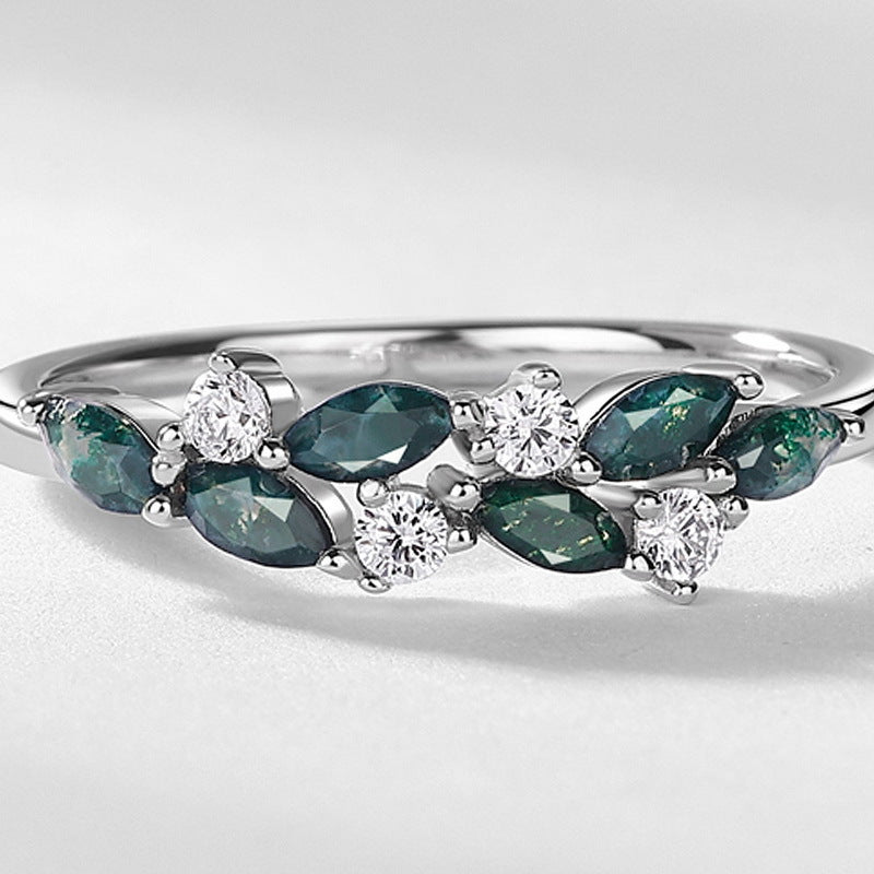 925 Sterling Silver Natural Moss Agate Leaf Ring with Sparkling Accents