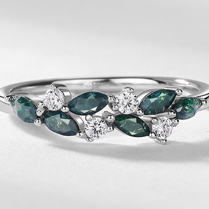 925 Sterling Silver Natural Moss Agate Leaf Ring with Sparkling Accents