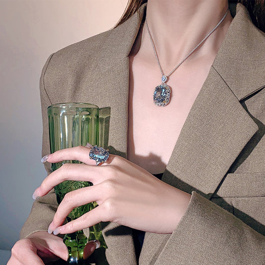Women’s Black-Gray Nest-Cut Zircon Ring and Necklace Set