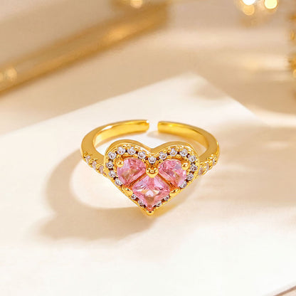 Women’s Elegant Adjustable Heart Ring with Pink Cubic Zirconia and Sparkling Halo