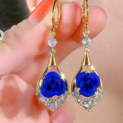 Women’s Elegant Rose Flower Drop Hoop Earrings with Sparkling Teardrop Frame
