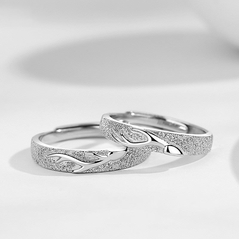 Couples’ S925 Sterling Silver Deer Antler Adjustable Matching Rings with Frosted Detail