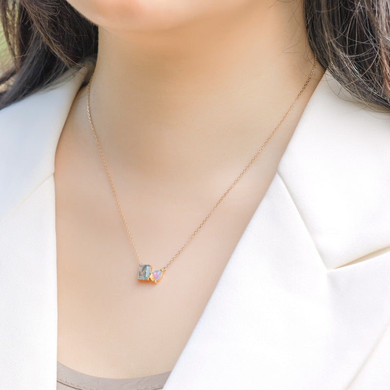 10K Gold-Plated 925 Sterling Silver Moss Agate Necklace with Iridescent Teardrop Accent