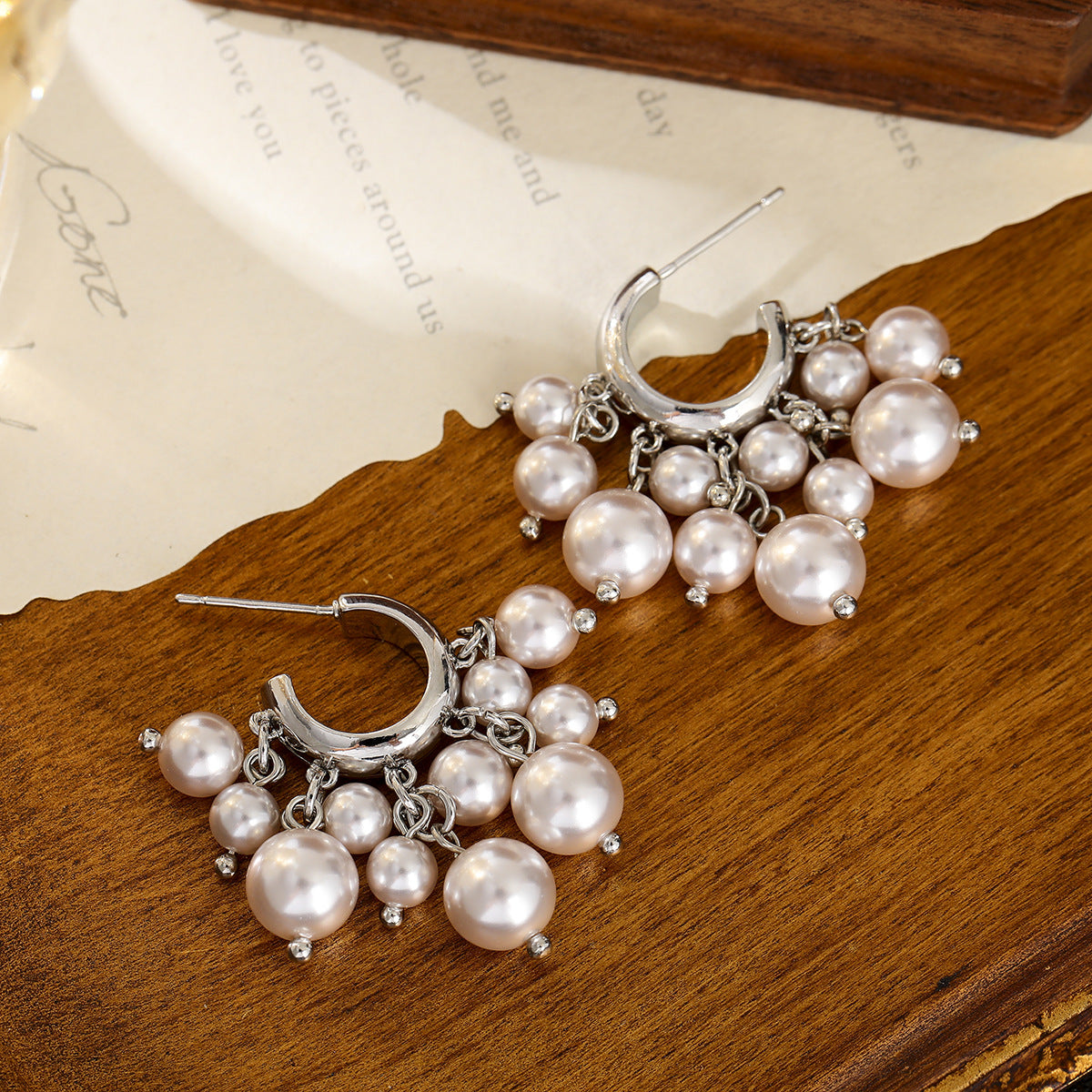 Silver-Tone Pearl Cluster Drop Hoop Earrings with S925 Sterling Silver Posts