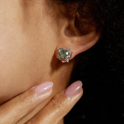 925 Sterling Silver Natural Moss Agate Stud Earrings with Leaf Wreath Design