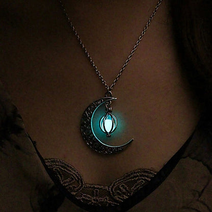 Women’s Silver-Tone Filigree Crescent Moon Necklace with Glow-in-the-Dark Pumpkin Charm