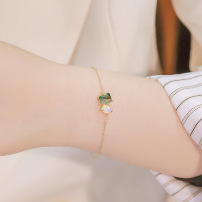 10K Gold-Plated 925 Sterling Silver Moss Agate Bracelet with Iridescent Teardrop Accent