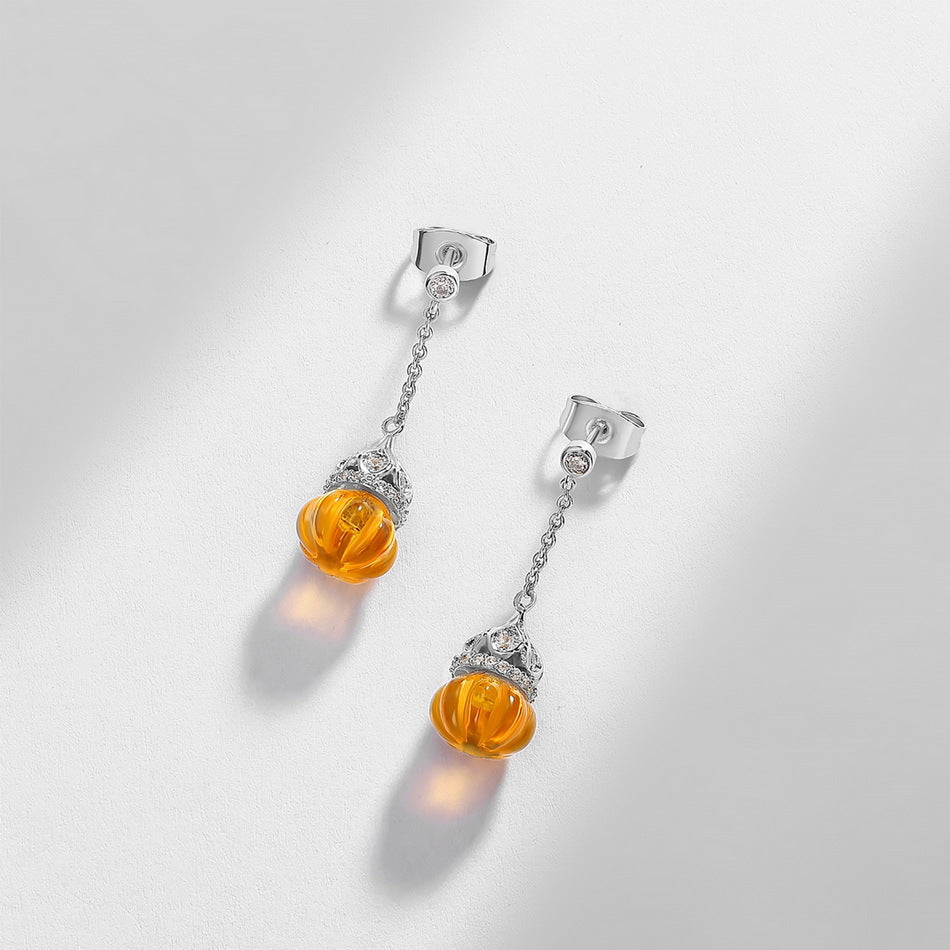 925 Sterling Silver Citrine Pumpkin Bead Drop Earrings with Sparkling Accents