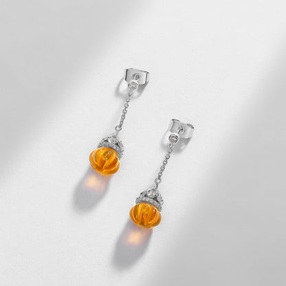 925 Sterling Silver Citrine Pumpkin Bead Drop Earrings with Sparkling Accents