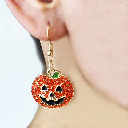 Women’s Halloween Pumpkin and Ghost Drop Earrings with Colorful Rhinestones