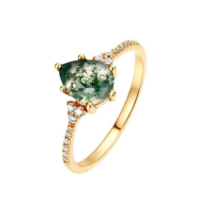 925 Sterling Silver Natural Moss Agate Ring with Sparkling Side Accents