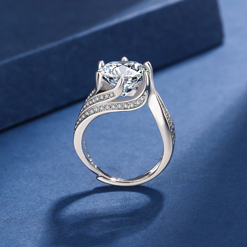 Women’s Adjustable Moissanite Statement Ring with Hearts and Arrows Cut and Swirl Band