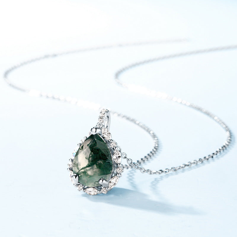 925 Sterling Silver Natural Moss Agate Teardrop Pendant with Sparkling Halo