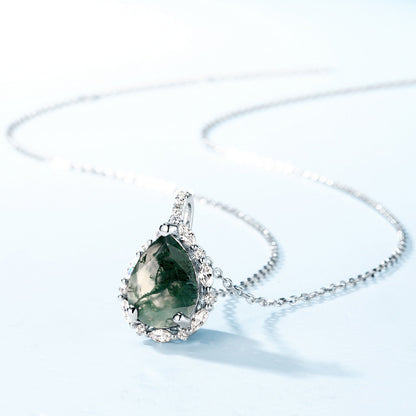 925 Sterling Silver Natural Moss Agate Teardrop Pendant with Sparkling Halo