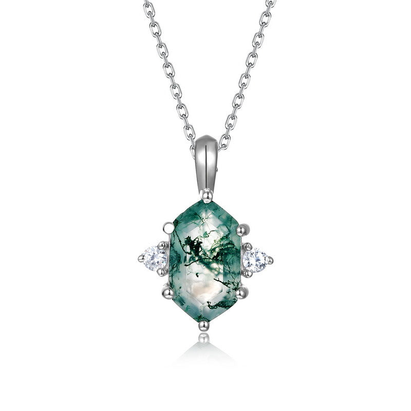 925 Sterling Silver Natural Moss Agate Jewelry Set with Hexagon Pendant, Ring and Stud Earrings
