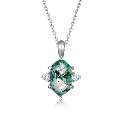 925 Sterling Silver Natural Moss Agate Jewelry Set with Hexagon Pendant, Ring and Stud Earrings