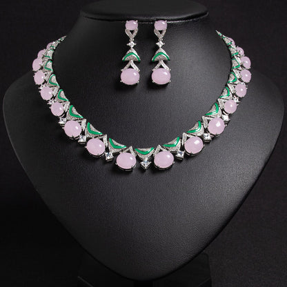 Women’s Vintage Floral Zircon Jewelry Set with Pink Petal Necklace and Drop Earrings