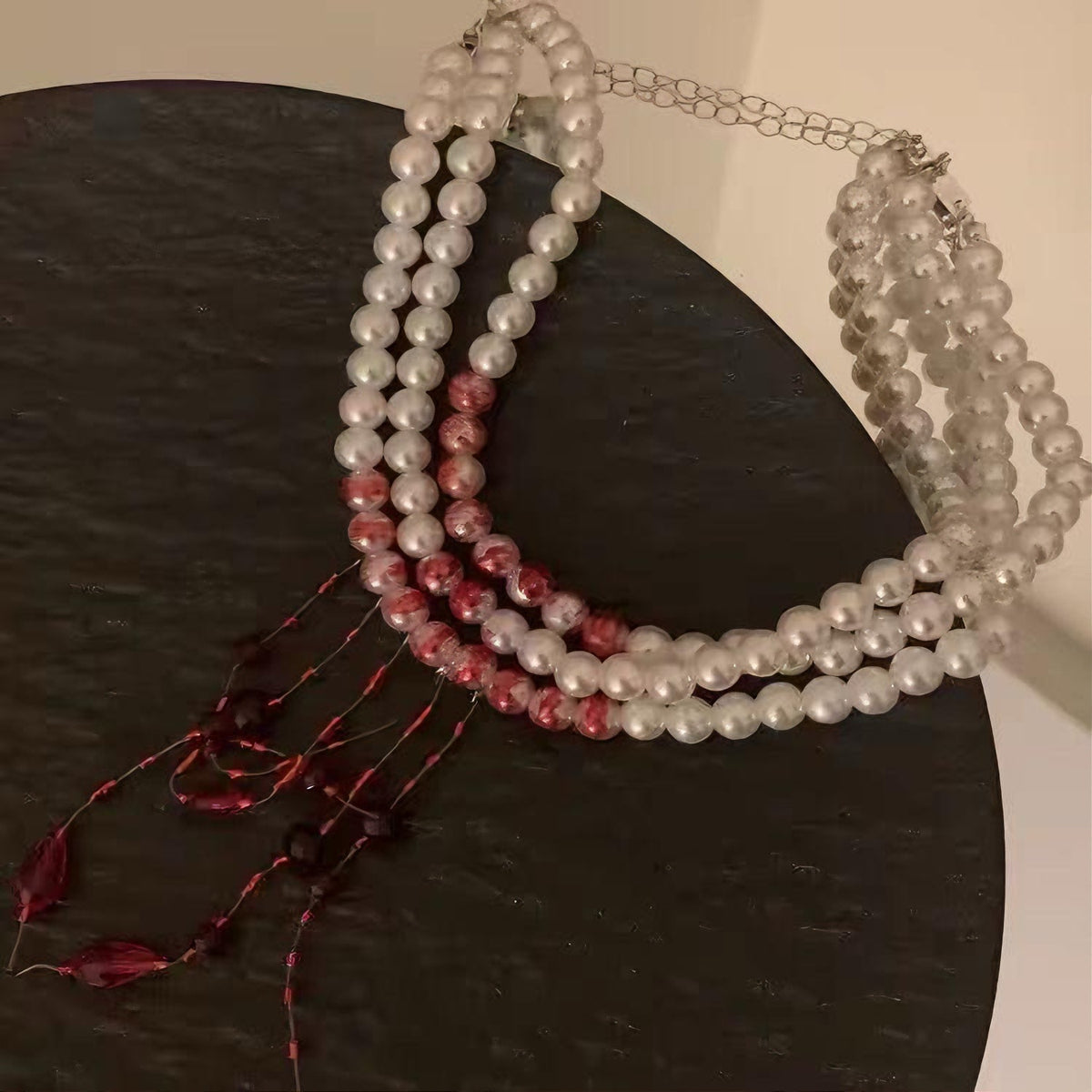 Women’s Gothic Halloween Three-Strand Pearl Choker Necklace with Red Blood-Drip Beaded Detail