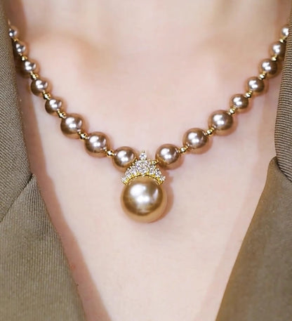 Women’s Elegant Faux Pearl Necklace with Cubic Zirconia Crown Pendant