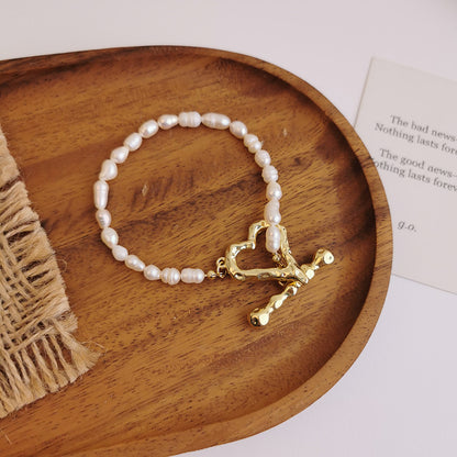 French Vintage Freshwater Pearl Heart Toggle Necklace & Bracelet Set
