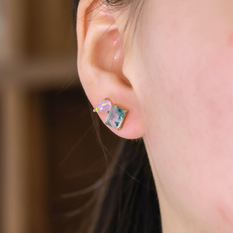 10K Gold-Plated 925 Sterling Silver Moss Agate Stud Earrings with Iridescent Teardrop Accents