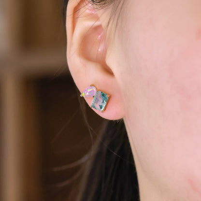 10K Gold-Plated 925 Sterling Silver Moss Agate Stud Earrings with Iridescent Teardrop Accents