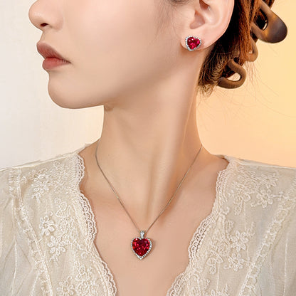 Women’s Romantic Heart-Cut Cubic Zirconia Pendant Necklace & Earrings Set with Halo Detail