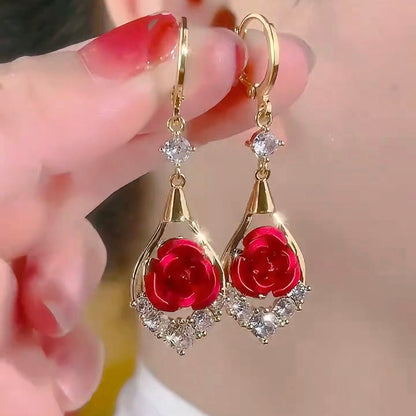 Women’s Elegant Rose Flower Drop Hoop Earrings with Sparkling Teardrop Frame