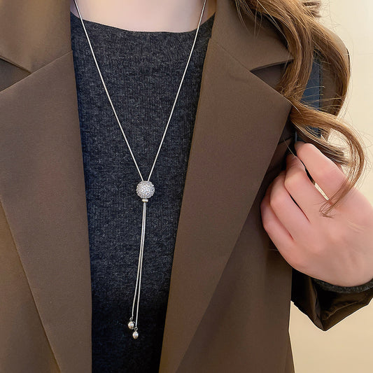 Women’s Gold or Silver Tone Elegant Box Chain Long Necklace with Ball Pendant and Tassel Detail