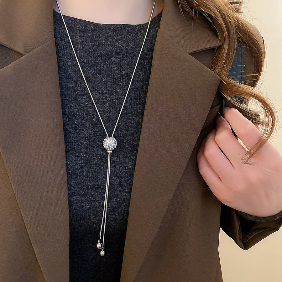Women’s Gold or Silver Tone Elegant Box Chain Long Necklace with Ball Pendant and Tassel Detail