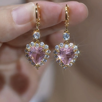 Gold-Tone Pink Heart Crystal Drop Earrings