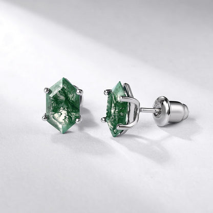 925 Sterling Silver Natural Moss Agate Jewelry Set with Hexagon Pendant, Ring and Stud Earrings