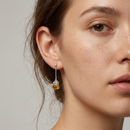 925 Sterling Silver Citrine Pumpkin Bead Drop Earrings with Sparkling Accents