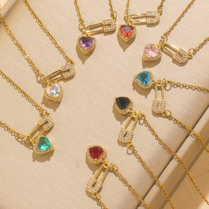 Women’s Dainty Safety Pin Necklace with Pink Heart and Sparkling Stone Detail