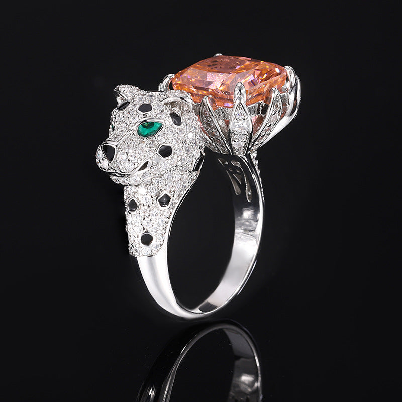 Women’s Luxury Leopard Statement Adjustable Ring with High-Carbon Diamond & Color Gemstone